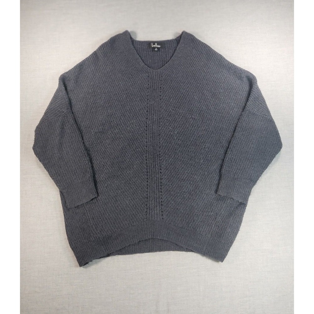 Lulus Womens Oversized V-Neck Ribbed Pointelle Knit Sweater Charcoal Grey Small